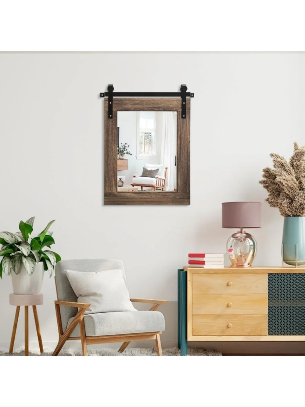 Rustic Barn Door Wall Mirror - Large Rectangle Wood Framed Decor for Home